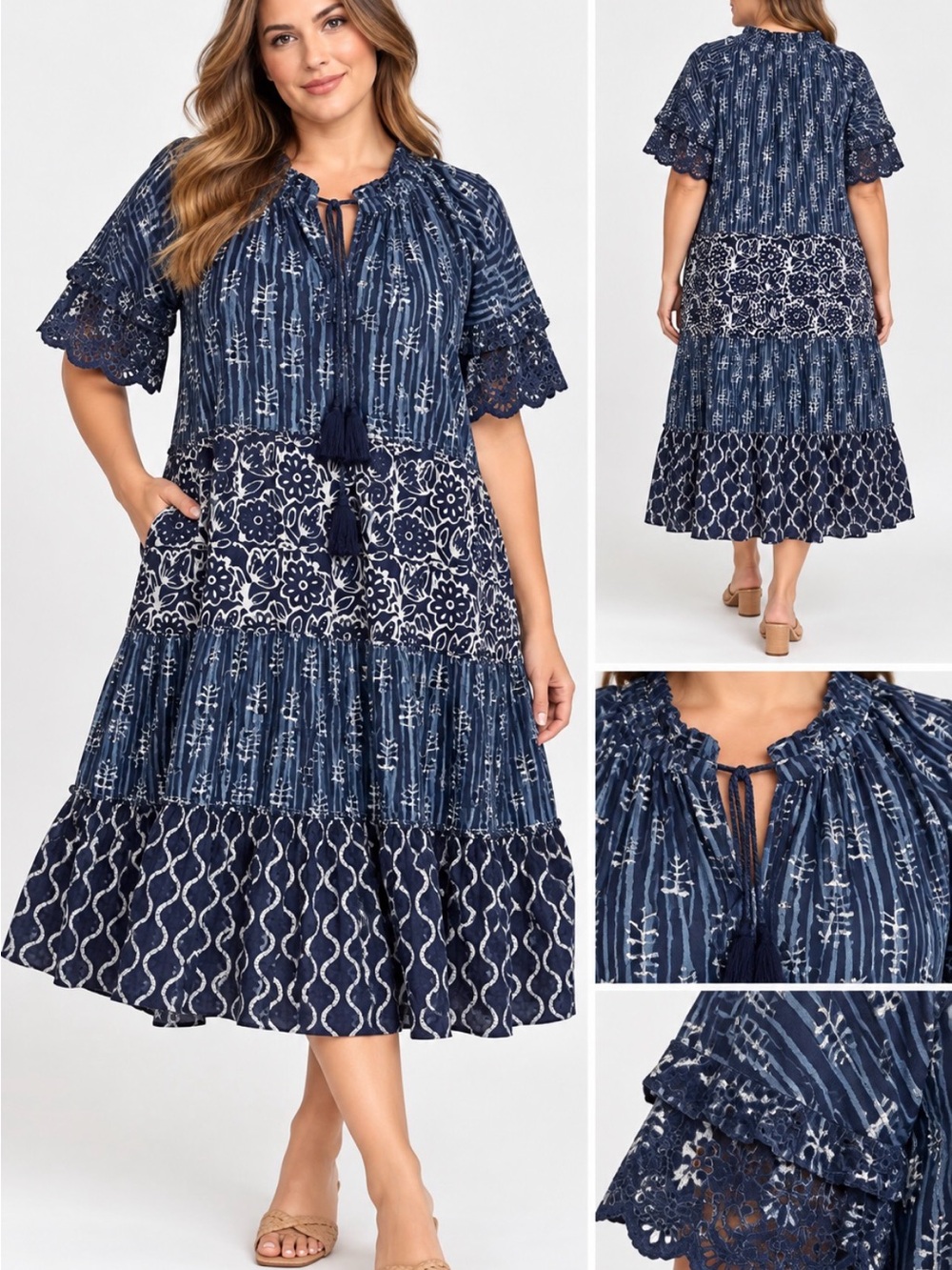 Chelsea & Theodore NWT Blue Boho Tiered Block Print Dress Size 1X